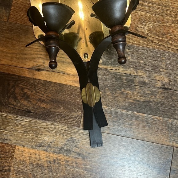 Vintage Brass, wood & Wrought Iron Wall Sconces 2 Taper Candle holders - Picture 2 of 7